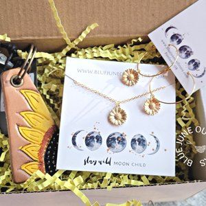 Sunflower Themed Gift Set | Hoop Earrings, Necklace & Leather Keychain